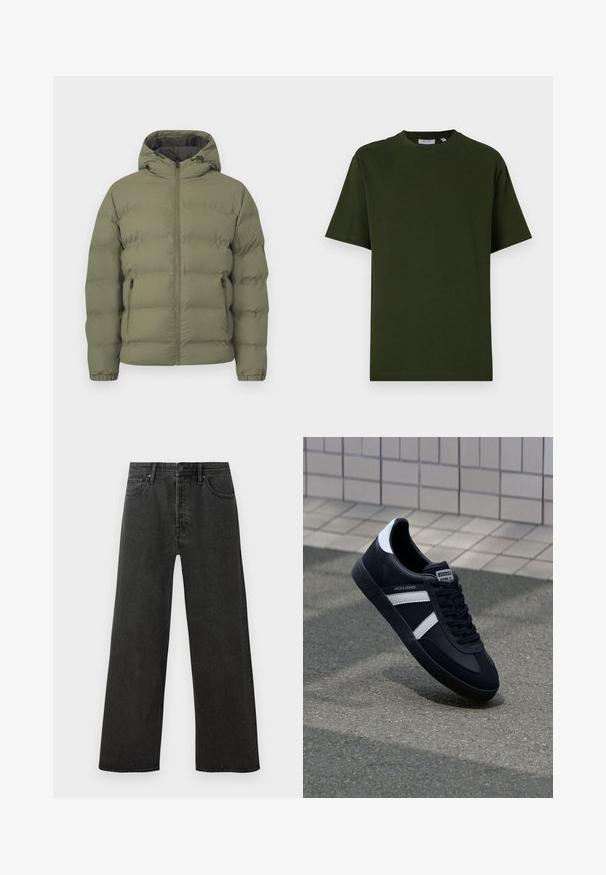 Olivengrøn dunjakke med hætte, fuld lynlås foran og lynlåslommer i siden, vist mod en ensfarvet lys baggrund.; Mørkegrøn, kortærmet t-shirt lavet af bomuld. Rund hals, afslappet pasform og glat tekstur uden synlige mønstre eller accenter.; Sorte højtaljede lige ben jeans i denim med frontknap, lynlås og fem lomme-design på en hvid baggrund.; Sort lædersneaker med hvide striber, tekstureret gummisål og snørrebånd foran. Har et brandet mærke på tungen.