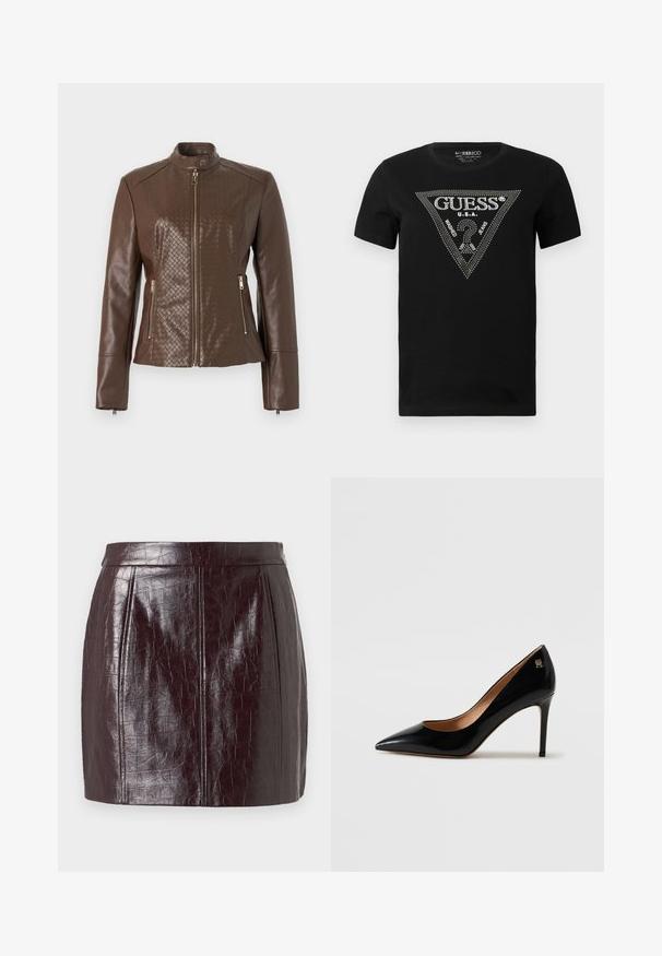 Braune Jacke aus Kunstleder mit einem diamantquilteten Muster an Schultern und Seiten, ausgestattet mit einem Reißverschluss vorne und Reißverschlusstaschen.; Schwarzes Baumwoll-T-Shirt mit einem Strass-Dreieck-Design und dem Text "GUESS" und "U.S.A.", Rundhalsausschnitt und kurzen Ärmeln.; Burgunderrote Kunstlederrock mit strukturiertem Krokodilmuster, mit hoher Taille und zwei vertikalen Nähten für zusätzliche Formgebung.; Schwarze patentierte Leder-Pumps mit spitz zulaufender Zehenpartie und schmalem Stiletto-Absatz sowie einem kleinen goldfarbenen dekorativen Logo in der Nähe des Absatzes.