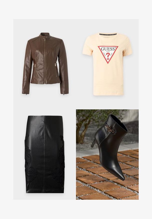 Braune Jacke aus Kunstleder mit einem diamantquilteten Muster an Schultern und Seiten, ausgestattet mit einem Reißverschluss vorne und Reißverschlusstaschen.; Hellpfirsichfarbenes Baumwoll-T-Shirt mit rundem Halsausschnitt, kurzen Ärmeln und einem dreieckigen roten und schwarzen "GUESS"-Logografik auf der Vorderseite.; Schwarzer Leder-Bleistiftrock mit filigraner schwarzer Spitzenstickerei an den Seiten, nahtloser Rückseite und glatter Textur. Klassischer Schnitt und Silhouette.; Schwarze Leder-Ankle-Boots mit spitzem Zehen und kleinem Absatz. Mit einem goldenen Kettenakzent am Knöchel. Umgeben von einer strukturierten Steoberfläche.