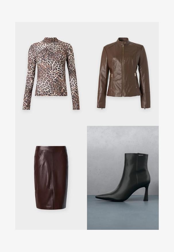 Brun jakke i imiteret læder med diamantquiltet struktur på skuldrene og siderne, med lynlås foran og lynlåslommer.; Langærmet kvindetop med høj krave, i brun og sort leopardprint med subtile plisserede detaljer over brystet.; Brun læderblyantskørt med glat tekstur, med to sidelommer og syninger foran, designet til en tætsiddende pasform.; Sort læder ankelstøvle med spids tå og geometrisk hæl. Har subtil branding og en glat overflade. Baggrunden består af strukturerede fliser.