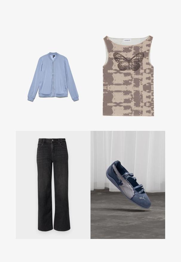 Svetlomodrá bomber bunda so zipsom vpredu, rebrovaným golierom, manžetami a spodným lemom a dvoma bočnými vreckami.; Even&Odd Top - multi coloured; Džíny s širokými nohavicami v čiernej farbe s klasickým strihom, so zipsom, gombíkovým zatvorením a dizajnom s piatimi vreckami. Jemné zosvetlenie a detaily prešívania.; Modro-sivá Puma plochá obuv s tromi elastickými remienkami, textúrovaným bočným panelom a bielym logom Puma, vznášajúca sa nad betónovou podlahou.