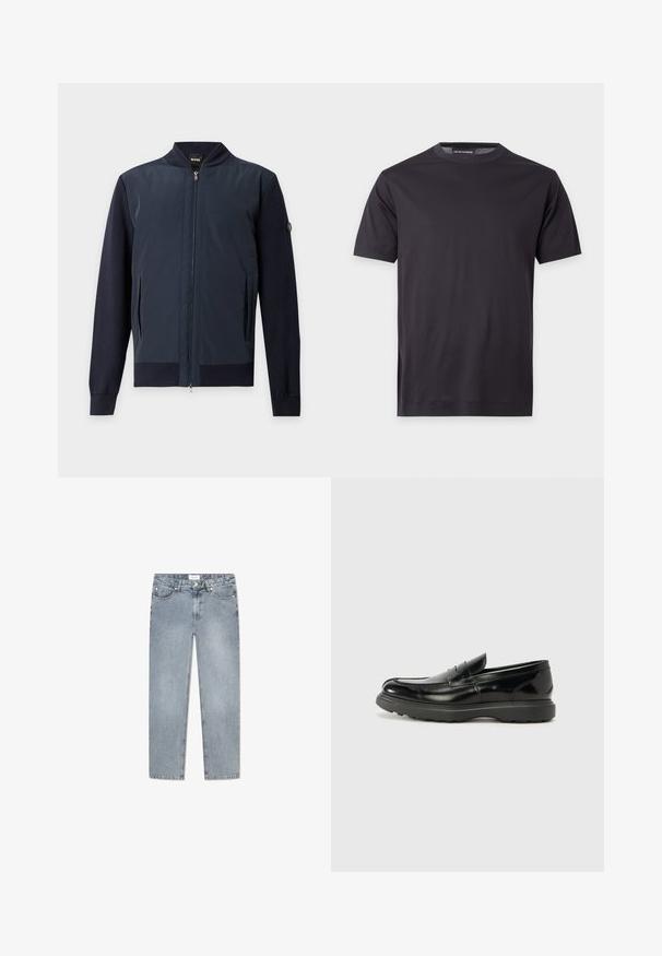 Marineblauw bomberjack met ritssluiting, geribde kraag, manchetten en zoom, met zijzakken en een klein logopatch op de linkermouw.; Eenvoudig zwart T-shirt met korte mouwen en ronde hals, met een klein tonig logo op de linkerborst en een gebrandlabelde nek.; Lichtblauwe denim jeans met een rechte snit, vijf zakken, knoopsluiting, subtiele vervaging en gestikte details langs de zakken.; Zwarte leren instapper met een glanzende afwerking, een ronde neus, subtiele stiksels en een dikke rubberen zool voor duurzaamheid.