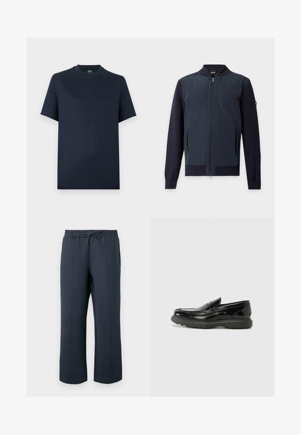 Blouson bomber bleu marine zippé avec col, poignets et ourlet côtelés, doté de poches latérales et d'un petit patch logo sur la manche gauche.; T-shirt en coton bleu marine à manches courtes, avec un logo ailé Aston Martin texturé sur le devant. Col rond classique, coupe décontractée.; Pantalon de sport bleu marine en matière douce et extensible. Il possède une taille à cordon de serrage, des coutures latérales et une coupe droite.; Mocassin en cuir noir avec une finition brillante, bout arrondi, détails de couture subtils et semelle en caoutchouc épaisse pour la durabilité.