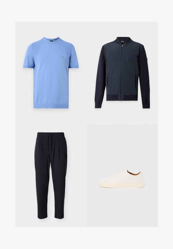 Blouson bomber bleu marine zippé avec col, poignets et ourlet côtelés, doté de poches latérales et d'un petit patch logo sur la manche gauche.; Chemise en maille bleu clair à manches courtes avec col rond et logo subtil "BOSS" sur la poitrine, présentée sur un fond uni.; Pantalon décontracté noir pour homme avec ceinture élastique et cordon de serrage, doté de poches latérales et d'un discret patch logo sur la cuisse droite.; Baskets blanches basses avec un design à lacets, des détails de couture minimalistes, et une semelle couleur crème sur un fond gris clair.