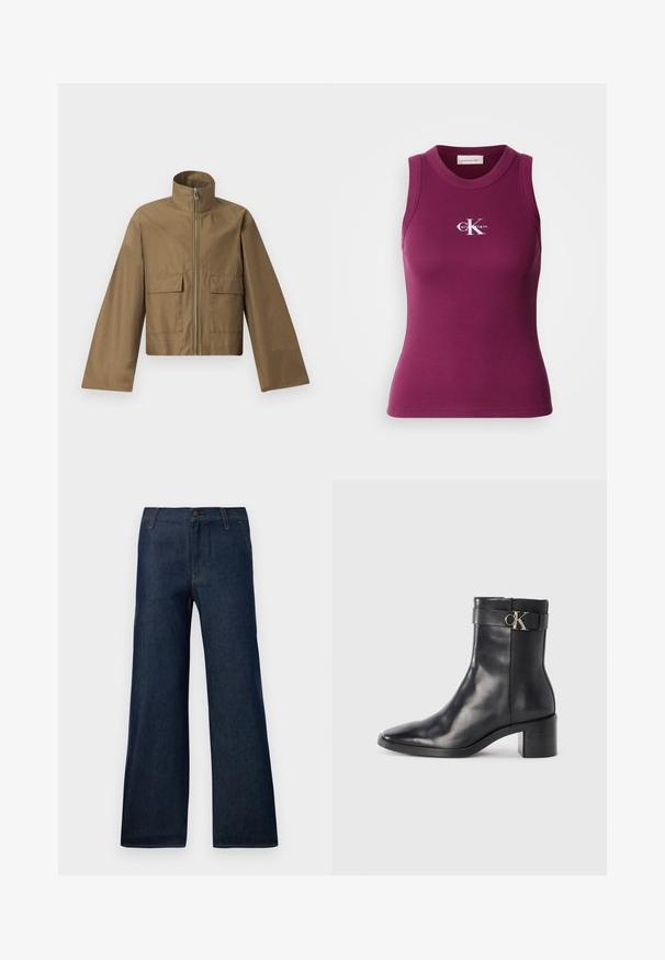 Calvin Klein SHORT JACKET - Letná bunda - capers; Rebrovaný tielko bez rukávov v tmavofialovej farbe s okrúhlym výstrihom a bielym logom "Calvin Klein" na hrudi. Mäkká látka s priliehavým strihom.; Tmavomodré široké džínsy vyrobené z denimu, s klasickým päťvreckovým dizajnom, zapínaním na gombík a jemnými švovými detailmi.; Čierne kožené členkové čižmy s špicatou špičkou, blokovým podpätkom a pásikom s kovovým logom. Hladká textúra a minimalistický dizajn.