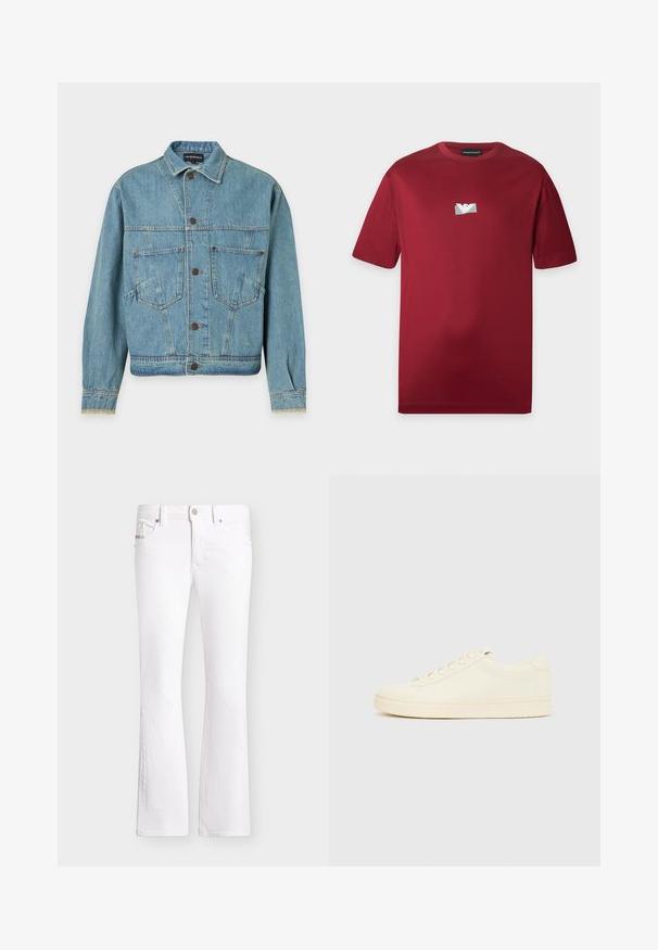 Veste en denim bleu clair à manches longues, fermeture à boutons sur le devant, deux poches poitrine et un col, présentée sur un fond uni.; T-shirt bordeaux à manches courtes avec col rond et petit logo argenté centré sur la poitrine.; Jean bootcut blanc avec fermeture avant par bouton et zip, passants de ceinture et poches, présenté sur un fond uni.; Baskets couleur crème avec une tige en cuir lisse, bout arrondi, laçage à l'avant et semelle en caoutchouc texturée. Design minimaliste, sans logo.