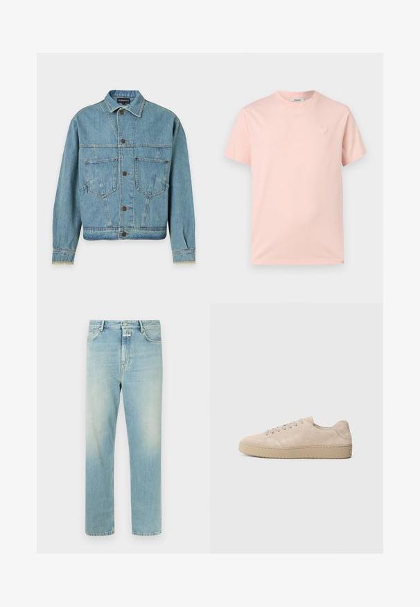 Veste en denim bleu clair à manches longues, fermeture à boutons sur le devant, deux poches poitrine et un col, présentée sur un fond uni.; T-shirt rose clair à manches courtes et col rond, avec un petit emblème cœur ton sur ton sur le côté gauche de la poitrine et une étiquette Sandro à l'intérieur du col.; Jean droit bleu clair en denim, présentant un design classique à cinq poches, des surpiqûres contrastantes et une fermeture par bouton à la taille.; Baskets en daim beige avec un bout rond, des lacets plats et une semelle en caoutchouc texturé. Design minimaliste avec des bords lisses et des coutures discrètes.