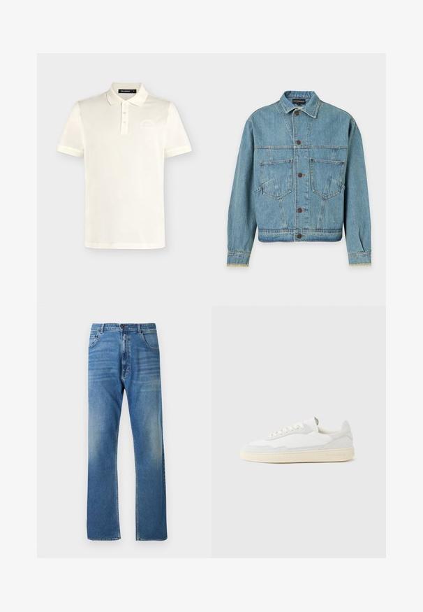 Veste en denim bleu clair à manches longues, fermeture à boutons sur le devant, deux poches poitrine et un col, présentée sur un fond uni.; Polo blanc à manches courtes avec trois boutons, col et logo subtil sur la poitrine gauche, présenté sur un fond uni.; Jean en denim bleu, coupe droite, légère décoloration, style cinq poches standard, avec bouton en métal et fermeture éclair. Pas de motifs ou accents visibles.; Baskets blanches avec dessus en daim et cuir texturé. Caractérisées par un bout arrondi, une fermeture à lacets et une semelle en caoutchouc beige contrastante.