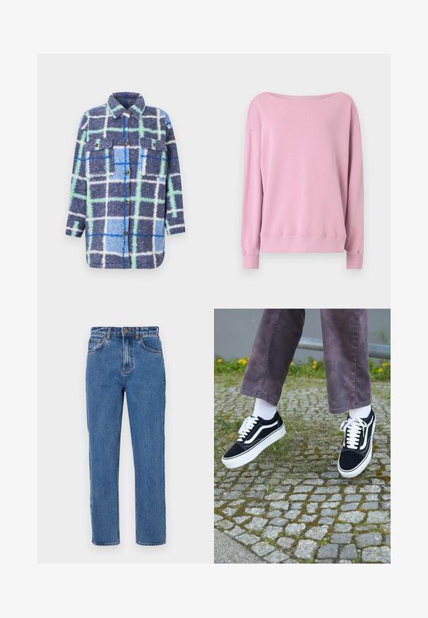 Fleecejacke mit langen Ärmeln, Knopfleiste, in blauem, grünem und weißem Karomuster und zwei Klappentaschen auf der Brust.; Rosa Sweatshirt mit langen Ärmeln, weitem Halsausschnitt, lockerer Passform, gerippten Bündchen und Saum. Hergestellt aus weichem, strukturiertem Stoff.; Hochtaillierte blaue Jeans aus Denim, gerade Beine, Knopfverschluss, fünf Taschen, leichte Ausbleichungen und tonale Nähdetails.; Schwarze Wildleder-Sneaker mit weißen Akzenten, runder Zehenform, dicker weißer Sohle und klassischem Schnürdesign, getragen mit weißen Socken und lila Hose.