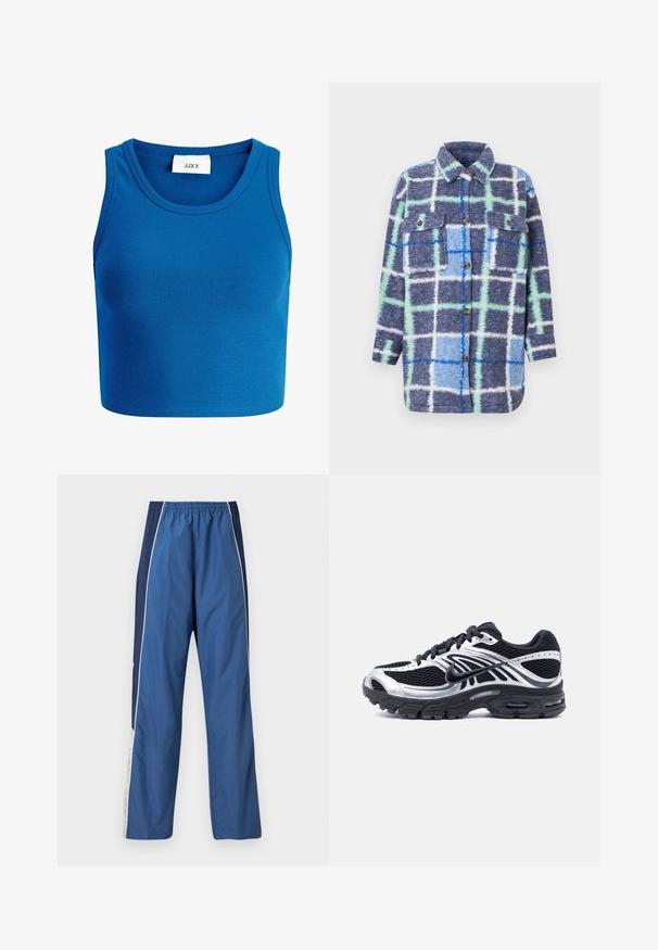 Langærmet fleecejakke med knapper, i blå, grøn og hvid vinduesrude ternet mønster og to brystlommer med klap.; Blå ribbet cropped top med bred halsudskæring, ærmeløs design og et mærke med teksten "JJXX" placeret midt på halsudskæringen.; Blå træningsbukser med en let og glat tekstur. Elastisk talje, kontrastfuld mørkeblå sidepanel og hvide accentstriber.; Sort og sølv Nike løbesko med mesh-overdel, luftpolstret sål og snørebånd, vist fra siden på en hvid baggrund.