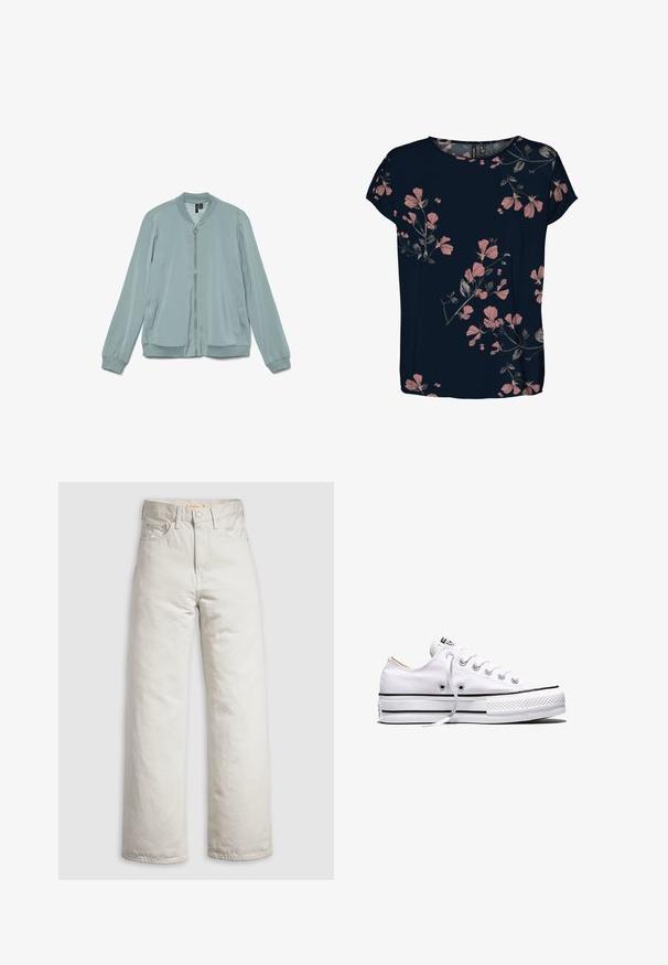 Lys blå bomberjakke med forlynlås, ribstrikket krave, manchetter og kant samt to sidelommer.; Vero Moda VMNEWHALLIE NEW - T-shirts print - night sky; Off-white, højttaljede jeans med lige ben, frontknap, lynlåslukning og fem-lomme-design på en ensartet hvid baggrund.; Hvid lavtop lærredssneakers med hvide snørebånd, sorte striber på sålen og gummieret tekstureret tåhætte, sidevendt på hvid baggrund.