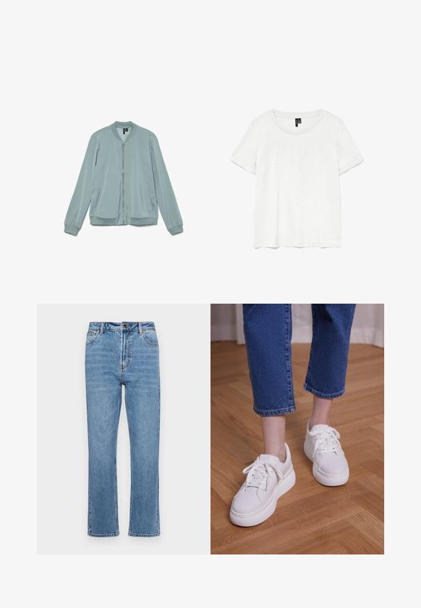 Veste aviateur bleu clair avec fermeture éclair avant, col, poignets et ourlet côtelés, et deux poches latérales.; T-shirt blanc à manches courtes avec un col rond, fabriqué en tissu léger. Design simple, texture lisse et ourlet droit.; Jean en denim bleu clair avec une coupe droite, cinq poches, fermeture à bouton à l'avant et décoloration subtile sur le tissu.; Jambes portant un jean court bleu et des baskets blanches à plateforme à lacets, debout sur un sol en bois clair.