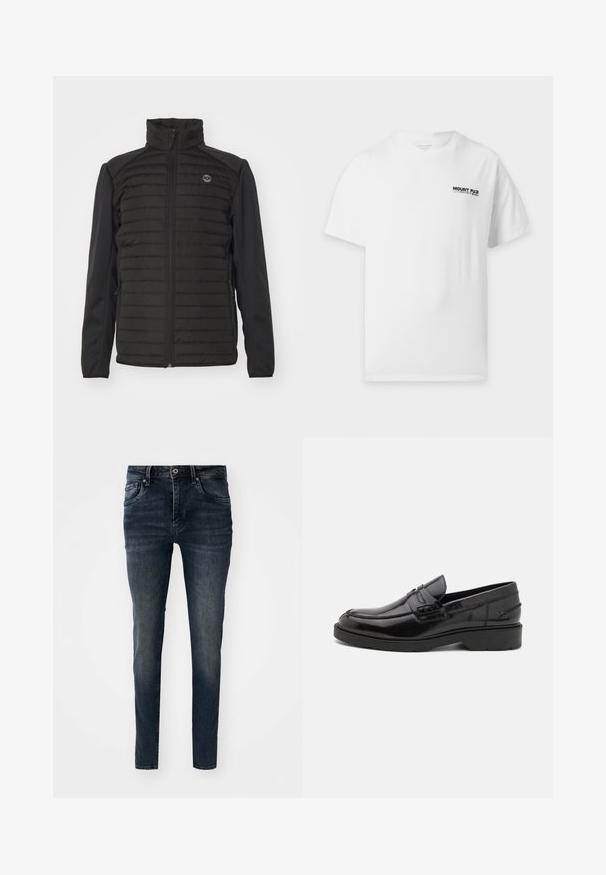 Schwarze isolierte Jacke mit einem gesteppten Design auf der Vorderseite, glatten Ärmeln, erhöhtem Kragen, vollem Reißverschluss und Logodetail auf der Brust.; Weißes kurzärmeliges T-Shirt mit kleinem schwarzen Schriftzug „Mount Fuji“ und japanischen Zeichen auf der linken Brust.; Dunkelblaue Jeans aus Denim mit schlanker Passform, fünf Taschen, geraden Beinen und Kontrastnähten, mit einem Knopf- und Reißverschluss.; Schwarze Lederloafers mit glatter Oberfläche, abgerundetem Zehenbereich, niedrigem Absatz und dekorativer Naht entlang der Vorderseite. Gummisohle für guten Halt.