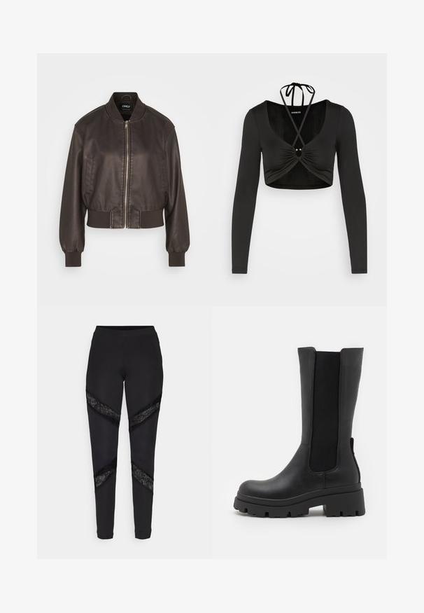 Braune Lederbomberjacke mit einem Reißverschluss vorne, gerippten Bündchen und Saum. Verfügt über Seitentaschen und einen runden Kragen, der eine glatte Textur zeigt.; Even&Odd Langarmshirt - black; Schwarze Leggings mit dreieckigen Ausschnitten, die an den Seiten mit schwarzer Spitze akzentuiert sind. Sie bestehen aus einem dehnbaren Stoff mit passgenauer Passform.; ONLY SHOES ONLDOJA - Plateaustiefel - black