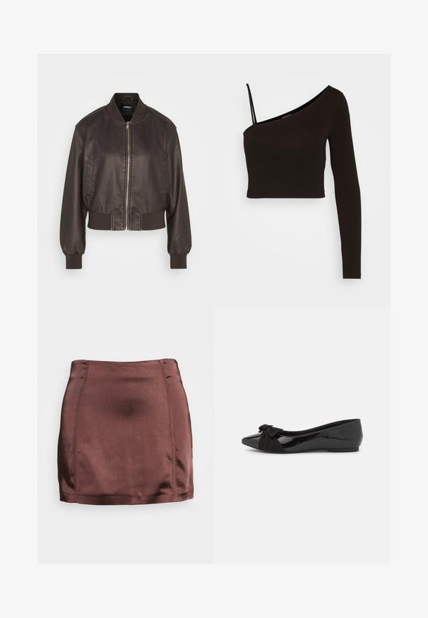 Bruine leren bomberjack met een rits aan de voorkant, geribbelde manchetten en onderrand. Bevat zijzakken en een ronde kraag, met een soepele textuur.; Even&Odd by Zalando Longsleeve - black; Gina Tricot RIO SKIRT - Minirok - java; Zwarte balletflat met een glanzende lakafwerking en een contrasterende zwarte suède strikaccent op de neus. Platte zool. Minimalistisch design.