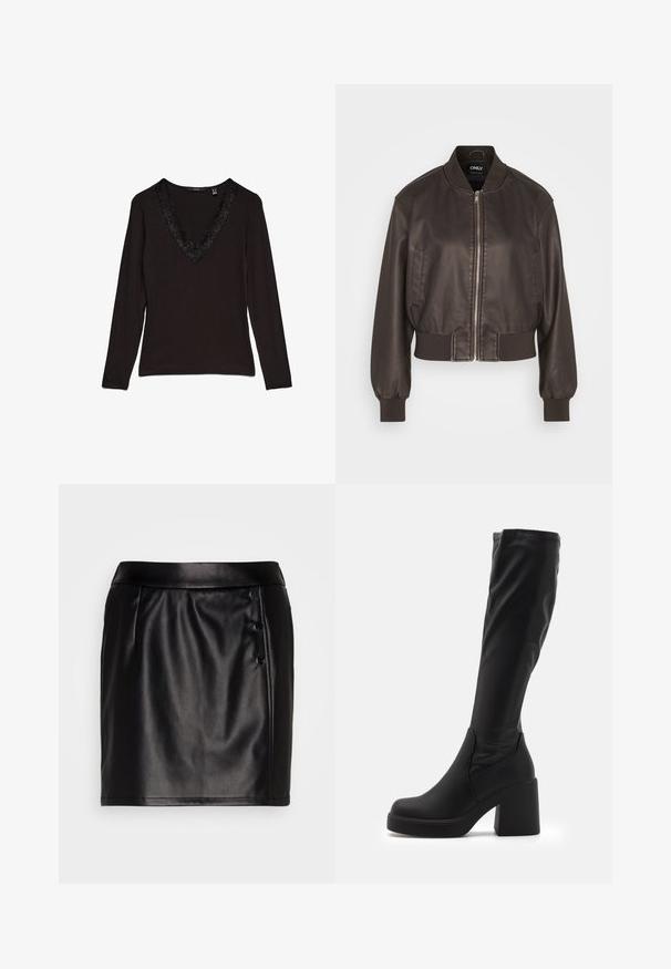 Chaqueta bomber de cuero marrón con cremallera frontal, puños y dobladillo acanalados. Presenta bolsillos laterales y un cuello redondeado, mostrando una textura suave.; Top negro de manga larga con un escote en V profundo, adornado con un borde decorativo de encaje en el cuello. Tejido suave con un diseño ajustado.; VILA VITALLA BUTTON SKIRT - Minifalda - black/silver; Botas negras hasta la rodilla, elaboradas en material sintético liso, con un grueso tacón cuadrado y un diseño aerodinámico con parte superior elasticada.