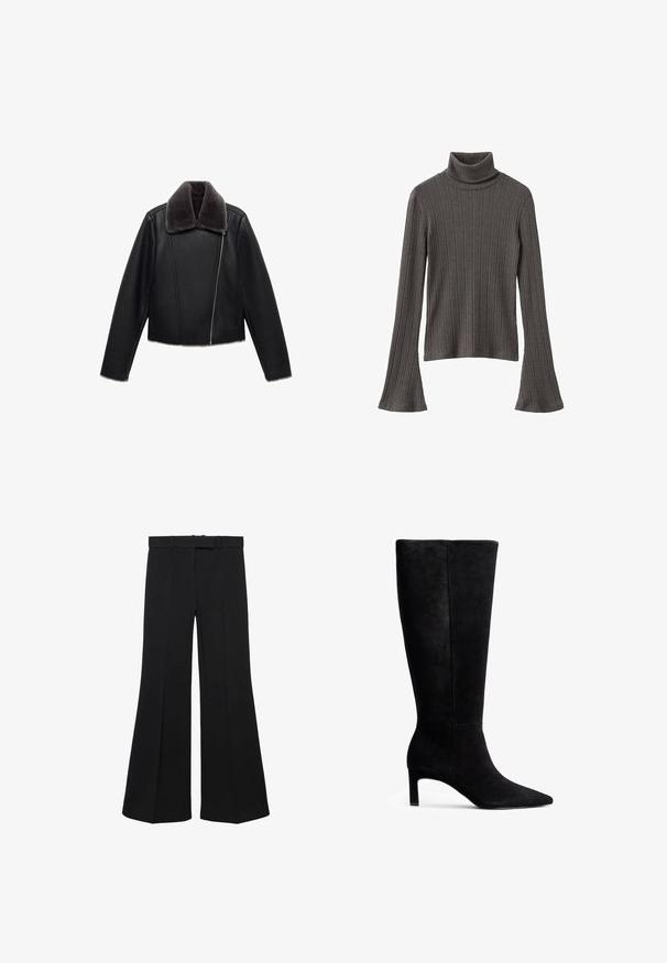 Sort læderjakke med en grå faux fur krave, cropped design, lange ærmer og en skrå front lynlås.; Mørkegrå ribstrikket rullekravebluse med lange, flagrende ærmer og en semi-tætsiddende pasform, lavet af blødt, elastisk stof.; Sorte bredbenede bukser med høj talje, struktureret design og forreste indsnit. Fremstillet af et glat stof med en diskret taljebånd og bæltesløjfer.; Sorte suede knæhøj støvle med spids tå og en slank stiletto-hæl. Glat tekstur med et rent design uden synlige hardware eller accenter.