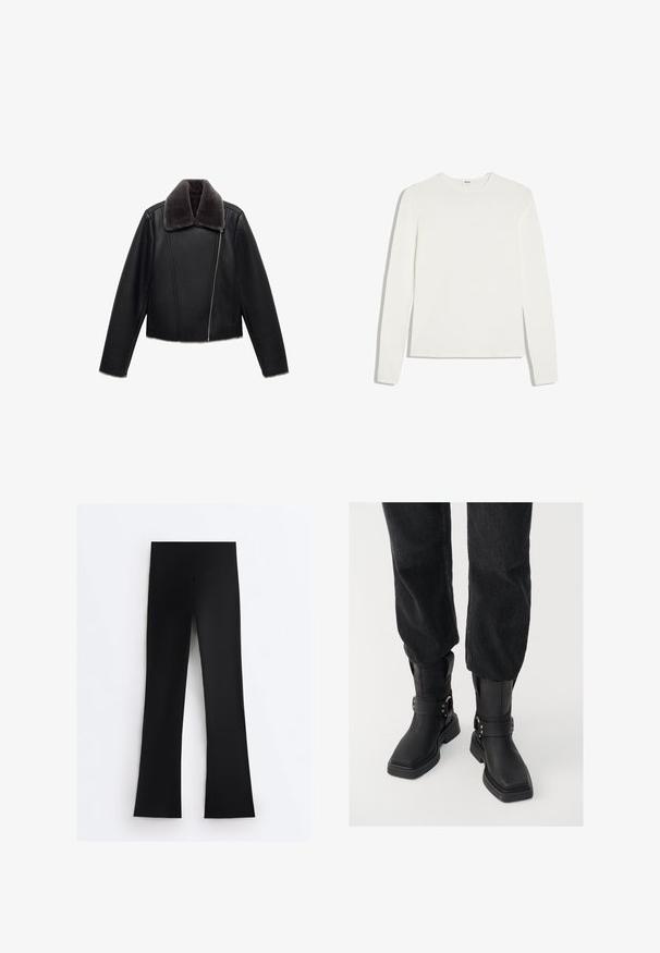 Sort læderjakke med en grå faux fur krave, cropped design, lange ærmer og en skrå front lynlås.; Enkelt hvid langærmet rundhalset skjorte med slank pasform, lagt fladt på en hvid baggrund.; Sorte leggings med høj talje og bred taljebånd, med lige ben, vist fladt på hvid baggrund.; Sorte læder ankelstøvler med firkantet tå, der har en bred rem og metallisk spænde detalje. Støvlerne har en chunky sål og en glat overflade.