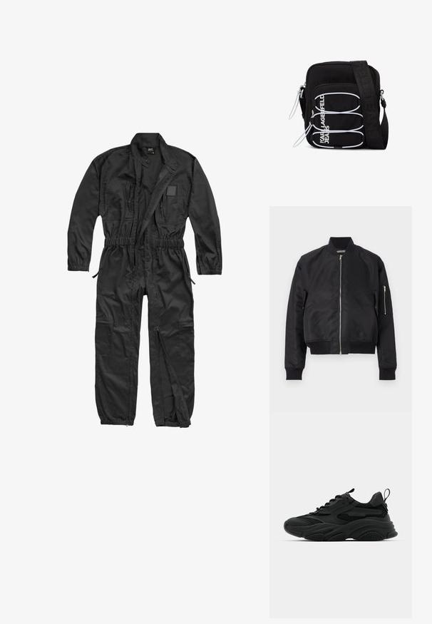 Veste bomber noire en tissu lisse, avec une fermeture éclair, des poignets et un ourlet côtelés, et une poche latérale avec un détail de zip.; Brandit BRANDIT HERREN EINSATZKOMBI - Combinaison - black; Baskets de sport noires avec une semelle épaisse, des panneaux en mesh et des accents en caoutchouc. Elles disposent d'une sangle de traction à l'arrière et de motifs texturés.; Sac bandoulière noir avec boucles élastiques blanches, tirettes de fermeture éclair, et texte blanc "KARL LAGERFELD JEANS" sur la poche avant.