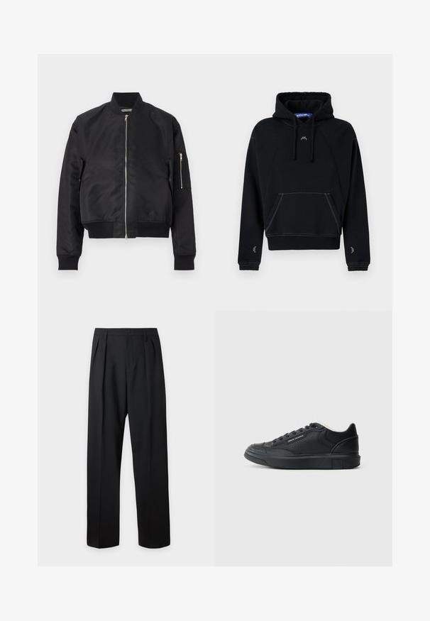 Zwarte bomberjack van gladde stof, met een ritsluiting, ribbels bij de manchetten en onderkant, en een zijzak met ritsdetail.; Zwarte hoodie met een kangoeroezak, voorzien van contrasterende witte stiksels, een capuchon met koord en een klein logo op de borst.; Zwarte formele broek met plooien, riemlussen en een knoopsluiting in de taille, afgebeeld tegen een effen lichte achtergrond.; Zwarte leren sneaker met een textuurafwerking, ronde neus, vetersluiting, rubberen zool en subtiele logo-details op de zijkant en hiel.