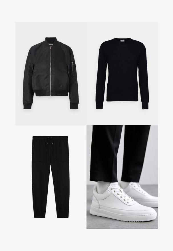 Chaqueta bomber negra hecha de tela suave, con cierre de cremallera, puños y dobladillo de canalé, y un bolsillo lateral con detalle de cremallera.; Suéter negro de manga larga hecho de un suave material de punto. Escote redondo, puños y dobladillo acanalados. Diseño minimalista sin patrones ni botones visibles.; Pantalones jogger negros con cintura elástica, cordón ajustable, bolsillos frontales de parche y puños elásticos sobre un fondo blanco.; Zapatillas de cuero blanco con una suela de goma plana, que presentan un acabado suave, punta redonda y ojetes de metal para los cordones. Llevadas con pantalones negros.
