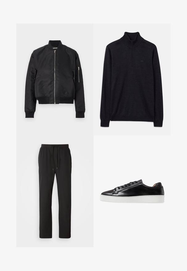 Chaqueta bomber negra hecha de tela suave, con cierre de cremallera, puños y dobladillo de canalé, y un bolsillo lateral con detalle de cremallera.; Suéter negro de manga larga con cuello alto acanalado y media cremallera, con un logo sutil en el lado izquierdo del pecho.; Pantalones de chándal negros hechos de tela ligera, con una cintura elástica y cordones ajustables, además de bolsillos laterales. Textura suave.; Zapatilla de cuero negra con un acabado suave, que presenta una suela de goma blanca, cierre de cordones y acentos de diseño minimalista.