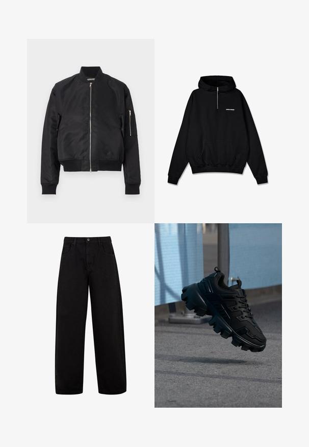 Chaqueta bomber negra hecha de tela suave, con cierre de cremallera, puños y dobladillo de canalé, y un bolsillo lateral con detalle de cremallera.; Sudadera negra con cuello de media cremallera, bolsillo canguro frontal, puños y dobladillo acanalados, que presenta un logo blanco "PEGADOR" en el pecho.; Jeans anchos negros de mezclilla, con bolsillos delanteros, cierre de botón y un diseño limpio y minimalista sin patrones visibles.; Zapatilla negra y gruesa con suela de taco grueso flotando sobre un pavimento gris, con un fondo desenfocado azul claro y gris.