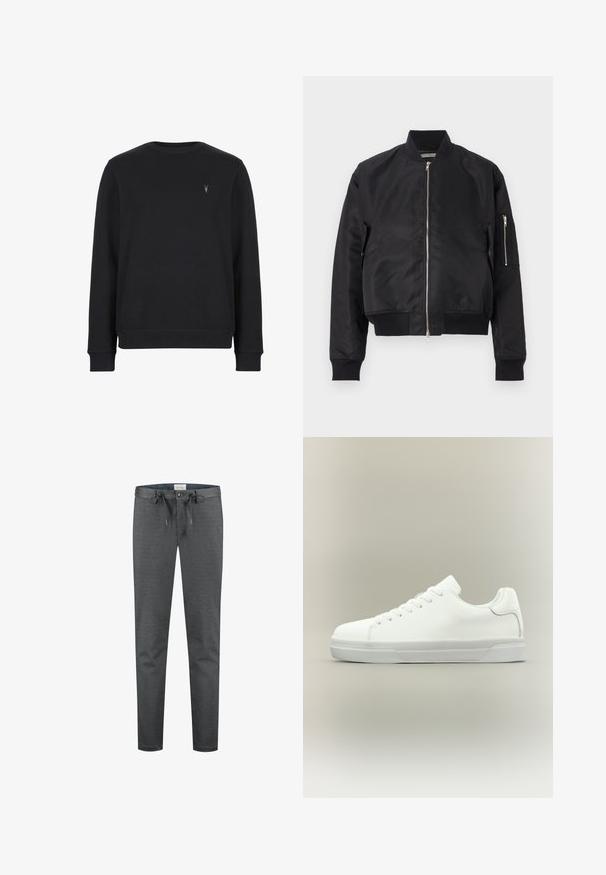 Schwarze Bomberjacke aus glattem Material, mit Reißverschluss, gerippten Bündchen und Saum sowie einer seitlichen Tasche mit Reißverschlussdetails.; Schwarzer Sweatshirt aus Baumwollmischung, mit Rundhalsausschnitt, langen Ärmeln und einem kleinen gestickten Logo auf der Brust.; Graue, dehnbare Hosen mit glatter Textur, Kordelzugbund und Knopfverschluss. Verfügung über eine schmal geschnittene Passform und minimale sichtbare Nähte.; Weißer Sneaker in niedriger Schnittform mit Schnürung vorne, gepolstertem Kragen und strukturiertem Gummisohle, seitlich auf neutralem Hintergrund dargestellt.