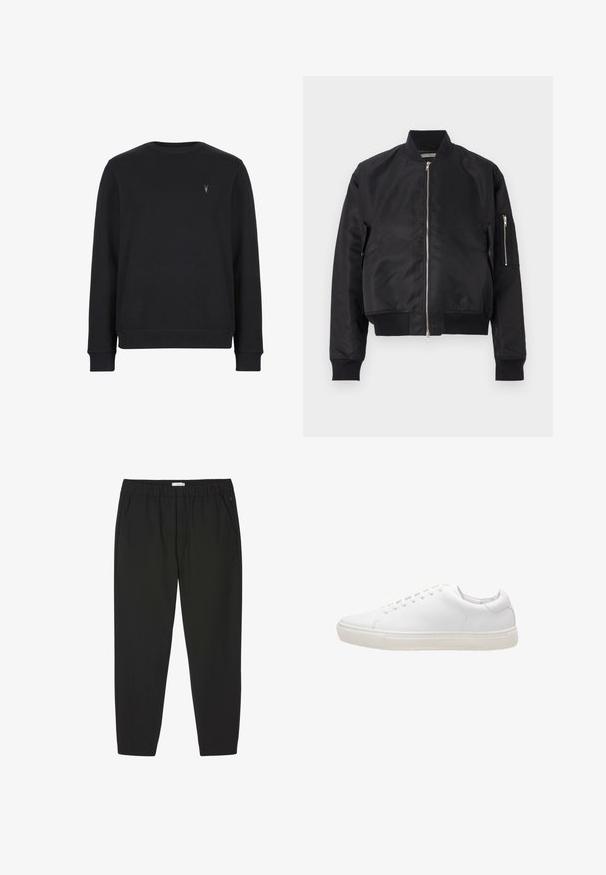 Schwarze Bomberjacke aus glattem Material, mit Reißverschluss, gerippten Bündchen und Saum sowie einer seitlichen Tasche mit Reißverschlussdetails.; Schwarzer Sweatshirt aus Baumwollmischung, mit Rundhalsausschnitt, langen Ärmeln und einem kleinen gestickten Logo auf der Brust.; Schwarze Hosen mit elastischem Bund, geraden Beinen und Seitentaschen, entwickelt für Freizeit- oder Berufsbekleidung.; Weiße Leder-Sneaker mit glatter Textur, runder Zehenpartie, Schnürverschluss und flacher Gummisohle. Minimalistisches Design ohne sichtbare Muster.