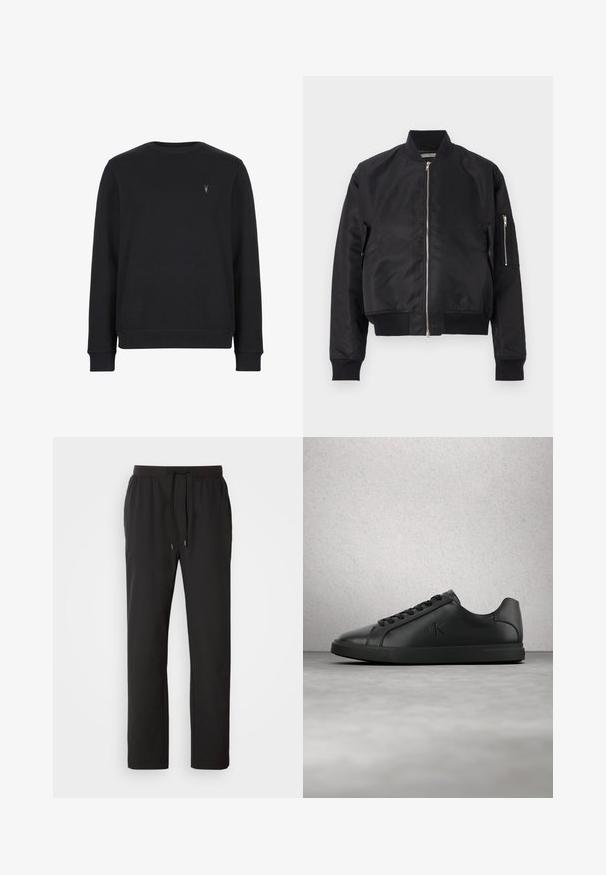Schwarze Bomberjacke aus glattem Material, mit Reißverschluss, gerippten Bündchen und Saum sowie einer seitlichen Tasche mit Reißverschlussdetails.; Schwarzer Sweatshirt aus Baumwollmischung, mit Rundhalsausschnitt, langen Ärmeln und einem kleinen gestickten Logo auf der Brust.; Schwarze Jogginghosen aus leichtem Stoff, mit einem elastischen Bund und verstellbaren Kordeln sowie Seitentaschen. Glatte Textur.; Schwarzer Ledersneaker mit Schnürsenkeln und geprägt eingestelltem "ck"-Logo, der über einem grauen Boden nahe einer Glasblockwand schwebt.