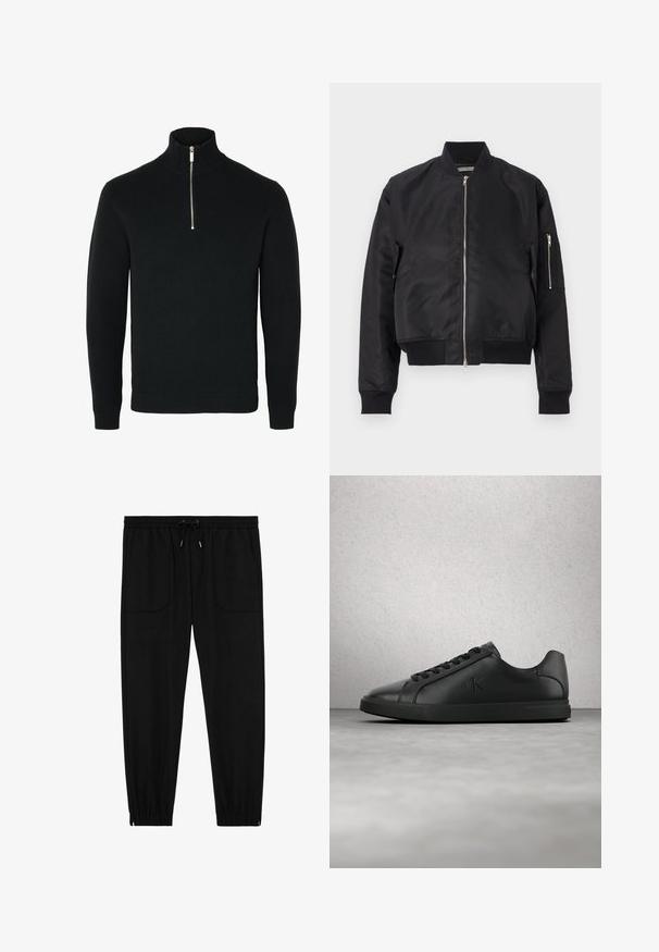 Schwarze Bomberjacke aus glattem Material, mit Reißverschluss, gerippten Bündchen und Saum sowie einer seitlichen Tasche mit Reißverschlussdetails.; Schwarzer langärmeliger Strickpullover mit einem gerippten hohen Kragen und einem silberfarbenen Halbreißverschluss in der vorderen Mitte.; Schwarze Jogginghosen mit elastischem Bund, Kordelzug, vorderen aufgesetzten Taschen und elastischen Bündchen vor weißem Hintergrund.; Schwarzer Ledersneaker mit Schnürsenkeln und geprägt eingestelltem "ck"-Logo, der über einem grauen Boden nahe einer Glasblockwand schwebt.