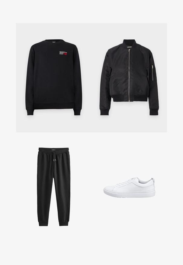 Schwarze Bomberjacke aus glattem Material, mit Reißverschluss, gerippten Bündchen und Saum sowie einer seitlichen Tasche mit Reißverschlussdetails.; Schwarzer Sweatshirt aus Baumwollmischung, mit Rundhals, gerippten Bündchen und einem kleinen rot-weißen "New Balance"-Logo auf der Brust.; Schwarze Jogginghose aus weichem Stoff, mit einem elastischen Bund und Kordelzug, schmal zulaufenden Beinen und gerippten Bündchen an den Knöcheln.; Weiße Leder-Sneaker mit glatter Textur, abgerundeter Zehenpartie, flacher Gummi-Sohle und diskretem Logo an der Seite. Die Schnürsenkel verlaufen durch sechs Ösen.