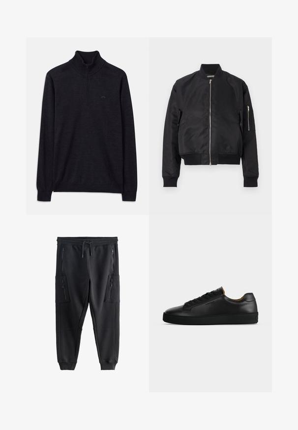 Chaqueta bomber negra hecha de tela suave, con cierre de cremallera, puños y dobladillo de canalé, y un bolsillo lateral con detalle de cremallera.; Suéter negro de manga larga con cuello alto acanalado y media cremallera, con un logo sutil en el lado izquierdo del pecho.; Pantalones jogger negros con cintura elástica, cordón, puños acanalados y cuatro bolsillos con cremallera en la parte delantera y los laterales.; Zapatilla negra de piel de corte bajo con cordones negros, suela de goma texturizada y pequeño logo en relieve en el lateral, mostrada de perfil sobre fondo gris.