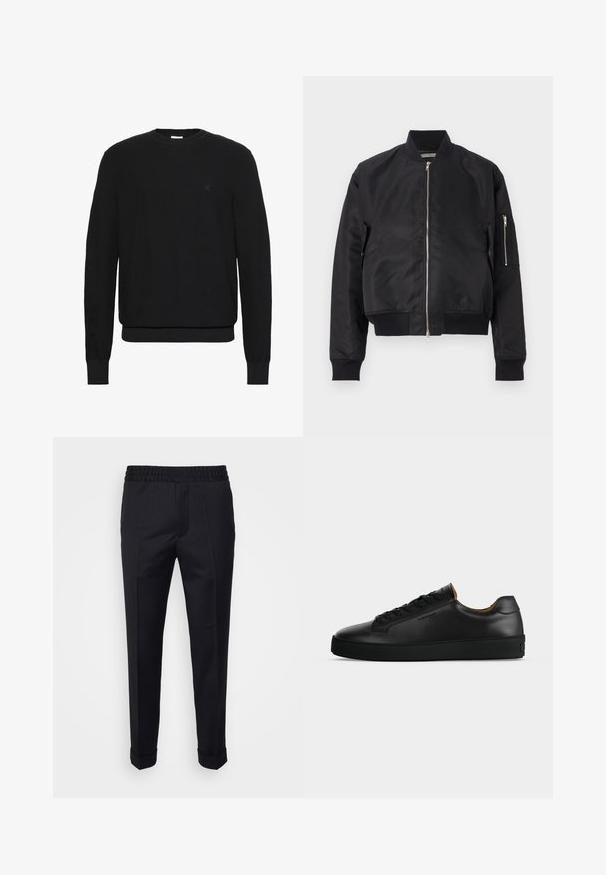 Veste bomber noire en tissu lisse, avec une fermeture éclair, des poignets et un ourlet côtelés, et une poche latérale avec un détail de zip.; Pull noir en maille à manches longues avec col rond, poignets et ourlet côtelés, présentant un petit logo discret sur le côté gauche de la poitrine.; Pantalon noir en tissu léger, avec une taille élastique, des poches latérales et des poignets roulés. Texture lisse avec des plis à l'avant.; Basket basse en cuir noir avec lacets noirs, semelle en caoutchouc texturée et petit logo embossé sur le côté, présenté de profil sur fond gris.