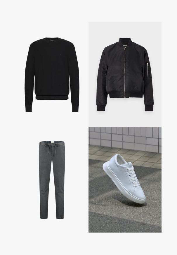 Μαύρο bomber jacket κατασκευασμένο από λείο ύφασμα, με κλείσιμο φερμουάρ, ραμμένες μανσέτες και στρίφωμα, καθώς και πλαϊνή τσέπη με λεπτομέρεια φερμουάρ.; Μαύρο πλεκτό πουλόβερ με μακριά μανίκια και λαιμόκοψη crewneck, με ριμπ μανσέτες και τελείωμα, διαθέτοντας ένα μικρό διακριτικό λογότυπο στο αριστερό μέρος του στήθους.; Γκρίζες, ελαστικές παντελόνες με απαλό υφή, με κορδόνι στη μέση και κουμπί κλεισίματος. Διαθέτουν λεπτή εφαρμογή και ελάχιστες ορατές ραφές.; Λευκό sneaker χαμηλού τύπου με κορδόνια να αιωρείται πάνω από υφή ασφαλτοτάπητα και μπεζ πλακιδίων στο φόντο.