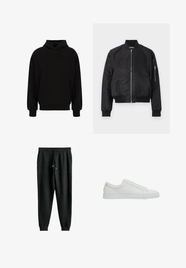 Zwarte bomberjack van gladde stof, met een ritsluiting, ribbels bij de manchetten en onderkant, en een zijzak met ritsdetail.; Zwarte pullover hoodie met een voorzak, ribgebreide manchetten en zoom. Gemaakt van zachte stof; heeft een relaxed fit en een verstelbare capuchon.; Zwarte sweats met een trekkoord in de taille, zijzakken, taps toelopende pijpen en ribgebreide boorden. Gemaakt van zacht materiaal met een gladde textuur.; Reiss REGULAR FIT - LUCA TUMBLED - Sneakers laag - white