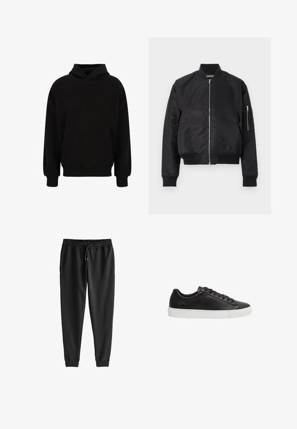 Zwarte bomberjack van gladde stof, met een ritsluiting, ribbels bij de manchetten en onderkant, en een zijzak met ritsdetail.; Zwarte pullover hoodie met een voorzak, ribgebreide manchetten en zoom. Gemaakt van zachte stof; heeft een relaxed fit en een verstelbare capuchon.; Zwarte sweatpants gemaakt van zachte stof, met een elastische tailleband met trekkoord, taps toelopende benen en ribgebreide boorden bij de enkels.; Zwarte leren lage sneaker met zwarte veters en witte rubberen zool, gezien vanaf de zijkant op een witte achtergrond.