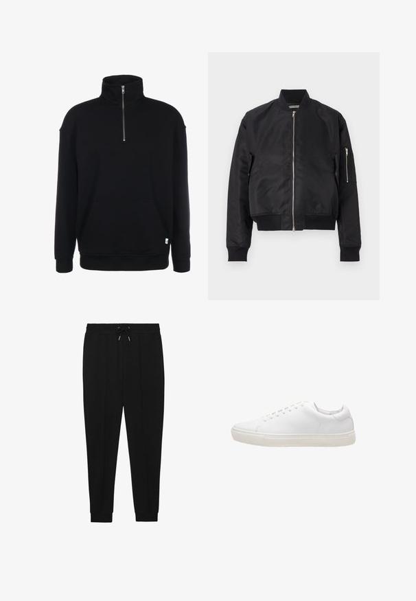 Sort bomberjakke lavet af glat stof, der har lynlås lukning, ribbede manchetter og kant samt en sidelomme med lynlås detalje.; Sort zip-hals sweatshirt med lange ærmer, blød tekstur, en frontlomme, og et lille grønt logo ved kanten.; Sorte træningsbukser med snøre i taljen, tapered ben og ribbede manchetter. Fremstillet af et blødt stof med en glat tekstur.; Hvide lædersneakers med en glat overflade, rund tå, snørebåndslukning og flad gummisål. Minimalistisk design uden synlige mønstre.