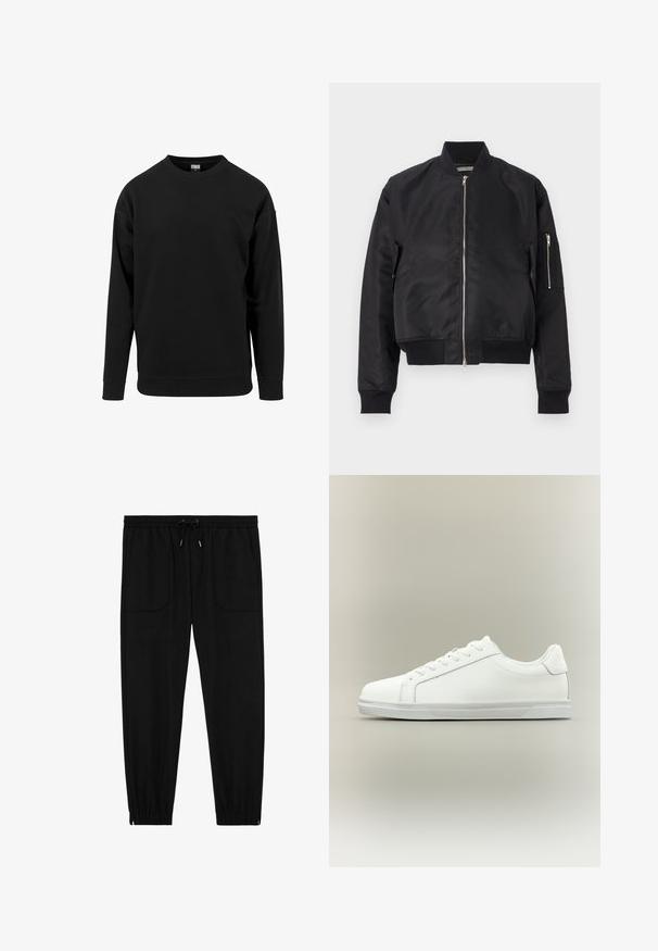 Zwarte bomberjack van gladde stof, met een ritsluiting, ribbels bij de manchetten en onderkant, en een zijzak met ritsdetail.; Zwarte sweatshirt gemaakt van zachte stof. Heeft een ronde halslijn, lange mouwen en ribbelboorden en -zoom. Eenvoudig, onopgesmukt ontwerp.; Zwarte joggingbroek met elastische tailleband, koordsluiting, voorzakken met opgestikte zakken en elastische boorden, op een witte achtergrond.; Witte lage sneaker met veterluiting aan de voorkant en een gestructureerde rubberen zool tegen een neutrale achtergrond.