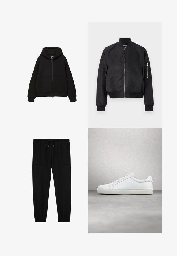 Zwarte bomberjack van gladde stof, met een ritsluiting, ribbels bij de manchetten en onderkant, en een zijzak met ritsdetail.; Zwarte zip-up hoodie met een capuchon, twee voorzakken, ribgebreide mouwen en onderrand. Gemaakt van zachte stof met een minimalistisch ontwerp en subtiele logo-details.; Zwarte joggingbroek met elastische tailleband, koordsluiting, voorzakken met opgestikte zakken en elastische boorden, op een witte achtergrond.; Witte sneaker met een gladlederen bovenwerk en een laag profiel. Voorzien van een ronde neus, zes vetergaatjes en een gestructureerde rubberen zool.
