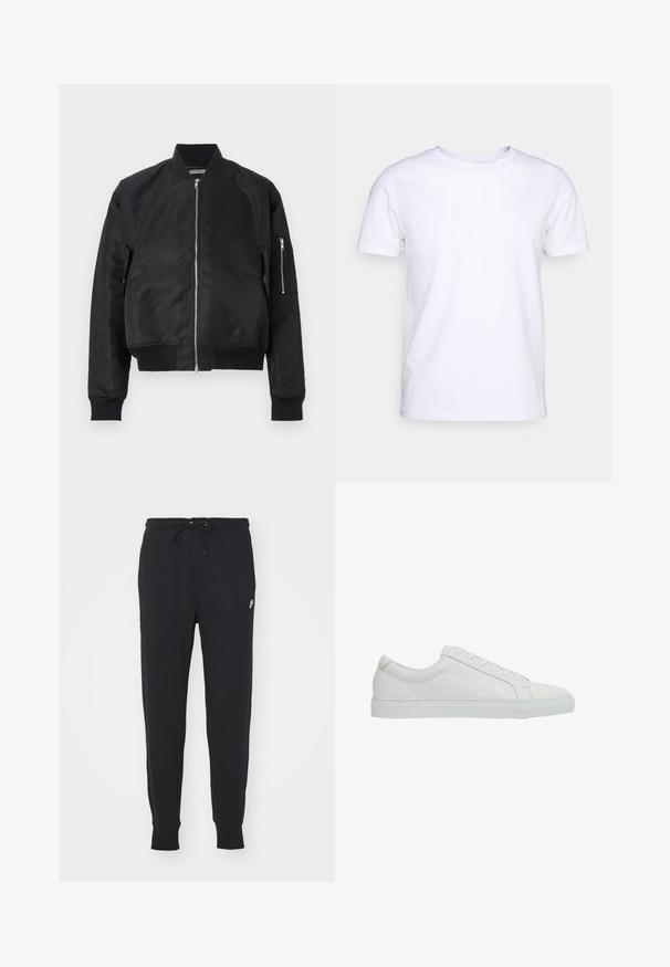 Zwarte bomberjack van gladde stof, met een ritsluiting, ribbels bij de manchetten en onderkant, en een zijzak met ritsdetail.; Witte katoenen t-shirt met korte mouwen en een ronde hals. Eenvoudig ontwerp zonder patronen of accenten. Glad textuur.; Zwarte joggingbroek van een katoenmix, met een verstelbare tailleband, taps toelopende pijpen en een klein wit logo aan de voorkant.; Reiss REGULAR FIT - LUCA TUMBLED - Sneakers laag - white