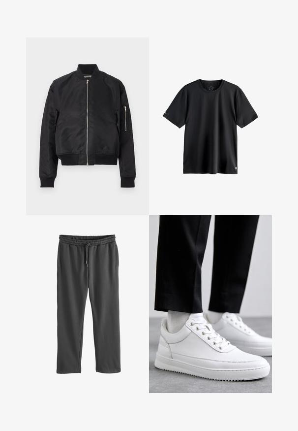 Zwarte bomberjack van gladde stof, met een ritsluiting, ribbels bij de manchetten en onderkant, en een zijzak met ritsdetail.; Effen zwarte korte mouwen sport-T-shirt met een ronde hals, medium maatlabel binnen in de halslijn en klein logo op de onderste linkerbies.; Grijze sweatpants met een elastische tailleband en verstelbaar trekkoord. Gemaakt van zacht materiaal, met zijzakken en een ontspannen fit.; Witte leren sneakers met een platte rubberen zool, met een soepele afwerking, ronde neus en metalen oogjes voor de veters. Draag ze met een zwarte broek.
