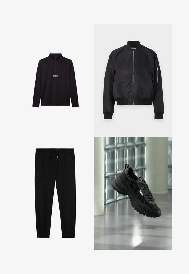 Sort bomberjakke lavet af glat stof, der har lynlås lukning, ribbede manchetter og kant samt en sidelomme med lynlås detalje.; Sort Calvin Klein pullover med lange ærmer, kvart lynlås og hvidt logo trykt på brystet.; Sorte joggingbukser med elastik i taljen, snøre, forlommer med lapper og elastiske manchetter på hvid baggrund.; Sort sportssko med netpaneler på siden og tyk sål, der svæver indendørs nær glasblokke og søjler på en glat gulv.
