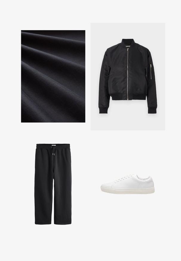 Schwarze Bomberjacke aus glattem Material, mit Reißverschluss, gerippten Bündchen und Saum sowie einer seitlichen Tasche mit Reißverschlussdetails.; Schwarzer Stoff mit glatter Textur, der gefaltete Lagen aufweist, die sanfte Wellen erzeugen und die weiche, matte Oberfläche betonen.; Schwarze, locker sitzende Sweatpants mit elastischem Bund und Kordelzug, geraden Beinen und Seitentaschen.; Weiße Leder-Sneaker mit glatter Textur, runder Zehenpartie, Schnürverschluss und flacher Gummisohle. Minimalistisches Design ohne sichtbare Muster.