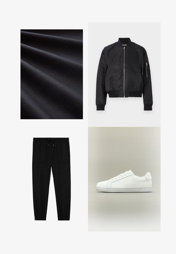 Chaqueta bomber negra hecha de tela suave, con cierre de cremallera, puños y dobladillo de canalé, y un bolsillo lateral con detalle de cremallera.; Tela negra con una textura suave, que presenta capas dobladas que crean suaves ondas, enfatizando su superficie mate y suave.; Pantalones jogger negros con cintura elástica, cordón ajustable, bolsillos frontales de parche y puños elásticos sobre un fondo blanco.; Zapatilla blanca de caña baja con cordones al frente y suela de goma texturizada sobre un fondo neutro y sencillo.