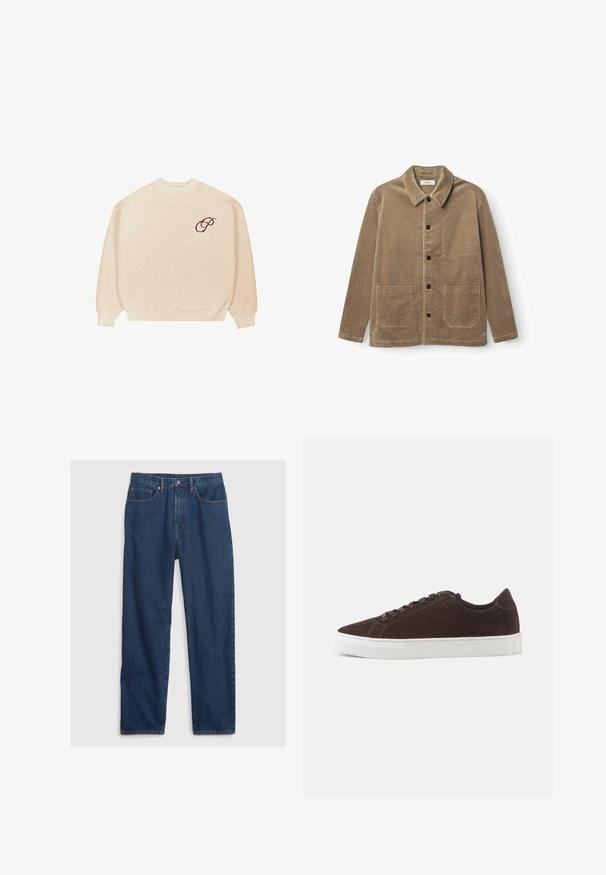 Veste en velours côtelé marron avec un col, des boutons sur le devant et deux poches avant. Le tissu a une texture côtelée et un design droit.; Pull en beige à col rond avec des manches longues et des bords côtelés, arborant un petit script brodé en noir "P" sur la poitrine gauche.; Jean en denim bleu foncé avec une coupe droite, comprenant un design à cinq poches, un bouton supérieur et des rivets en cuivre.; Baskets basses en daim marron foncé avec des lacets assortis et une semelle blanche épaisse en caoutchouc, présentées de profil sur un fond uni.