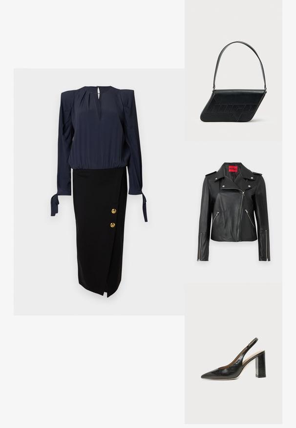 Zwarte leren motorjack met zilveren ritsen, drukknoopkraag en ritszakken. Voorzien van een opvallend rood binnenlabel.; Marineblouse met pofmouwen en een keyhole-halslijn, gecombineerd met een zwarte kokerrok met gouden knoopaccenten aan de zijkant.; Zwarte leren slingback schoen met spits toelopend neusje, hoge blokhak en beige binnenvoering tegen een effen lichte achtergrond.; Zwarte leren schoudertas met een driehoekige vorm, geperst logo en een enkele verstelbare riem. Minimalistisch ontwerp met een gladde textuur.