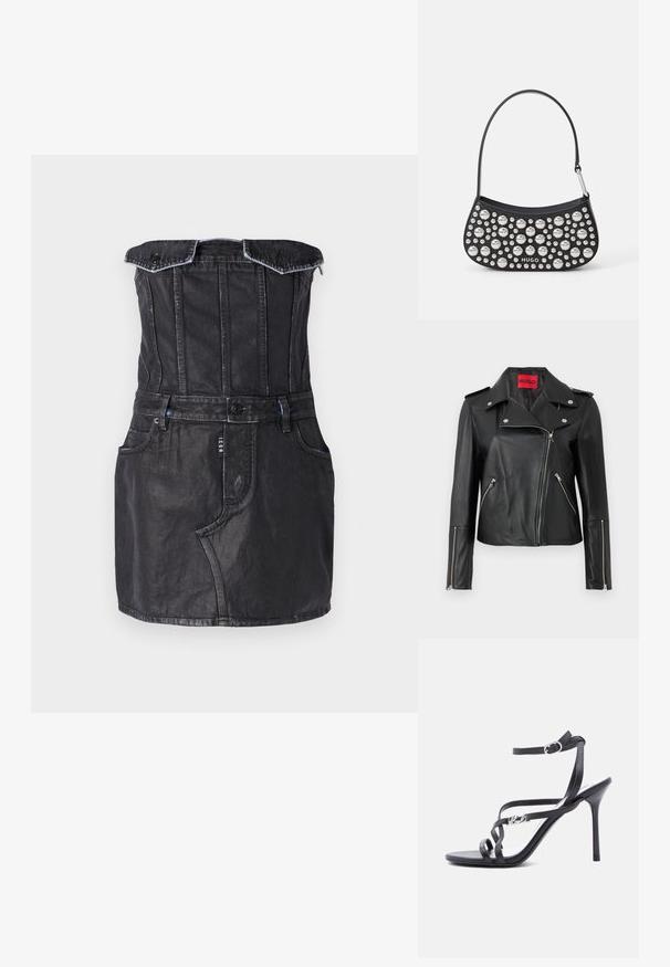 Zwarte leren motorjack met zilveren ritsen, drukknoopkraag en ritszakken. Voorzien van een opvallend rood binnenlabel.; Zwarte denim jurk met een aansluitende top, off-the-shoulder ontwerp, vo pockets en contrasterende stiksels. Glad textuur met een lichte glans.; Zwarte high-heeled sandaal met dunne bandjes, enkelgesp en een metalen logodetail aan het zijbandje, afgebeeld tegen een witte achtergrond.; Zwarte leren handtas met een gebogen vorm, voorzien van zilveren studs in verschillende maten en een korte schouderband. "HUGO" logo gedrukt aan de voorkant.