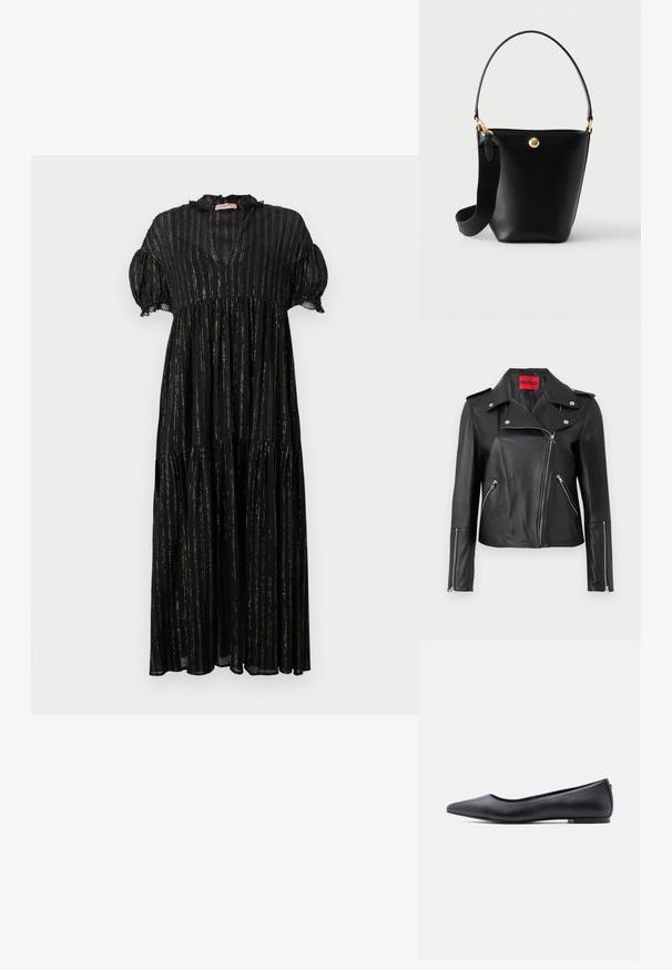 Chaqueta de motocicleta de cuero negro con cremalleras plateadas, cuello abatible y bolsillos con cremallera. Presenta una etiqueta interior roja audaz.; Vestido negro con mangas cortas abullonadas, escote en V y diseño en capas. Presenta rayas doradas verticales y detalles de encaje a lo largo del escote.; Zapato plano de cuero negro con punta puntiaguda y tacón bajo, mostrado de perfil contra un fondo blanco.; Bolso tipo bucket de cuero negro con un asa corta y una correa de hombro ancha y desmontable de tela, con un pequeño emblema redondo dorado en la parte delantera.