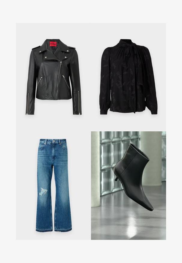 Schwarze Leder-Motorradjacke mit silbernen Reißverschlüssen, Druckknopfkragen und Reißverschlusstaschen. Ausgestattet mit einem auffälligen roten Innenlabel.; Schwarze Bluse mit hohem Kragen und Bindedetail. Beinhaltet ein dezentes Blumenmuster und gepuffte lange Ärmel mit gerafften Manschetten. Glatte Textur.; Blaue, ausgestellt geschnittene Denim-Jeans mit ausgefranstem Saum und einem distressed Patch am linken Oberschenkel. Verfügt über ein klassisches Fünf-Taschen-Design und Metallknöpfe.; Schwarzer Leder-Stiefelette mit spitzer Zehenpartie und niedrigem Kitten-Heel, schräg dargestellt vor einem polierten Boden und einer Glasbausteinwand.